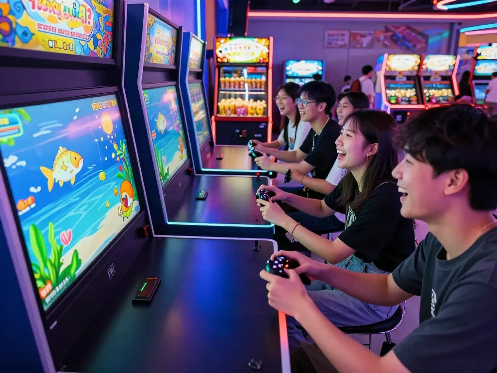 Friends enjoying a lively fishing game in an arcade, experiencing lại là Bắn cá đổi thưởng excitement together.