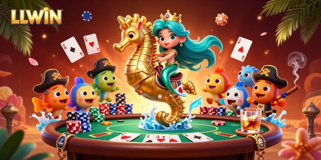 LLWIN mermaid princess engages in dynamic poker action with vibrant characters and casino elements