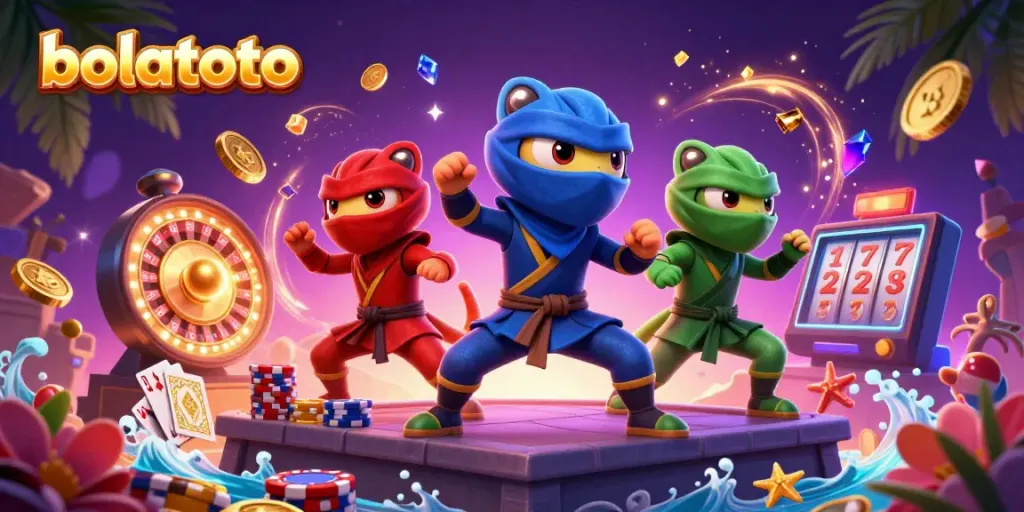Engage with the bolatoto online casino experience in vibrant 3D with chameleon ninjas and casino elements.