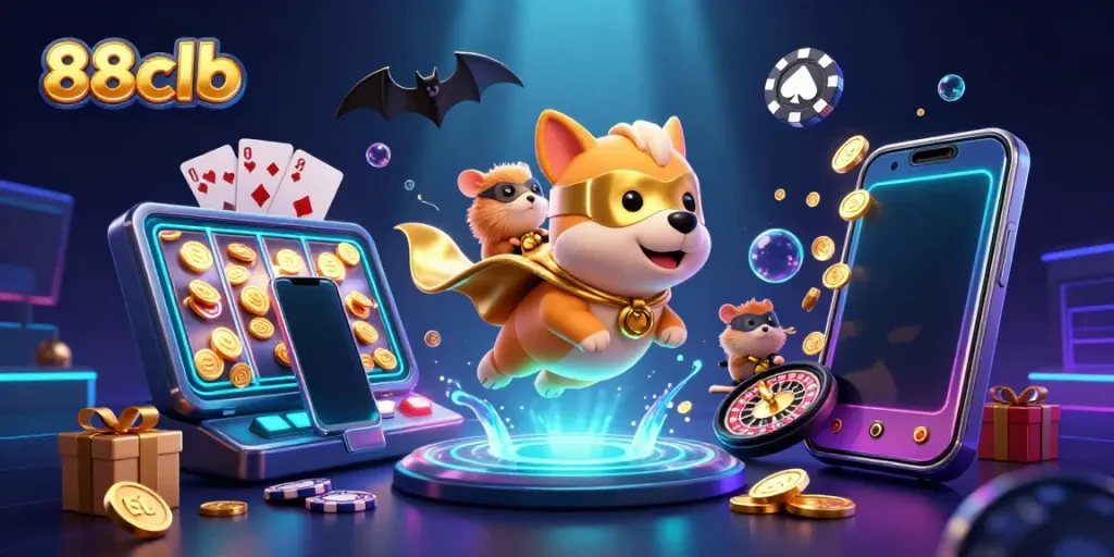 Experience thrilling gaming action with 88clb's superhero dog and hamster amid vibrant casino elements