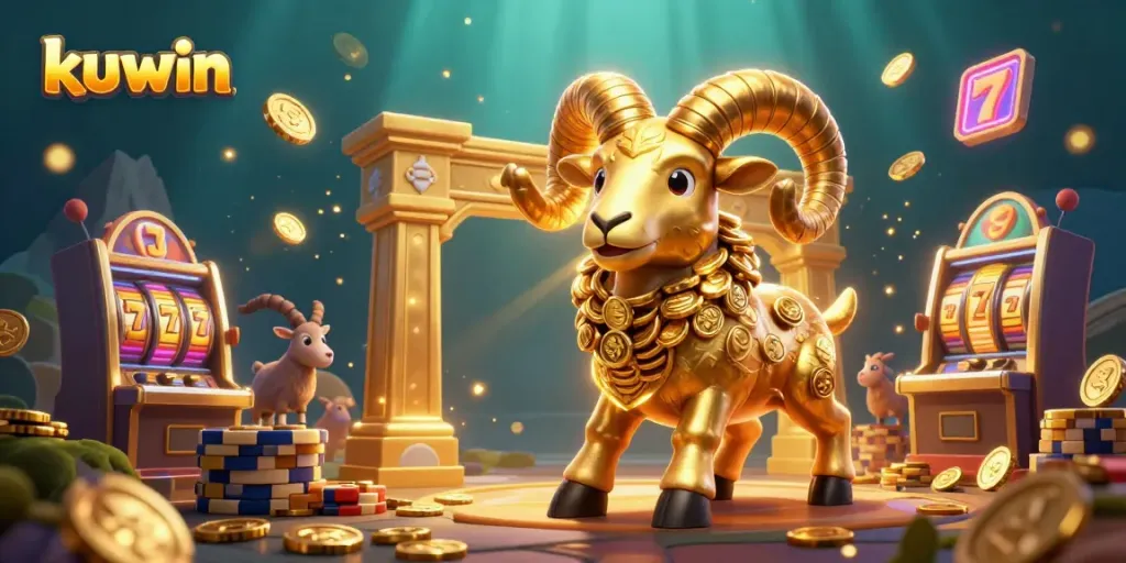 Experience winning excitement with Kuwin's dynamic 3D casino illustration showcasing slot reels and golden ram.