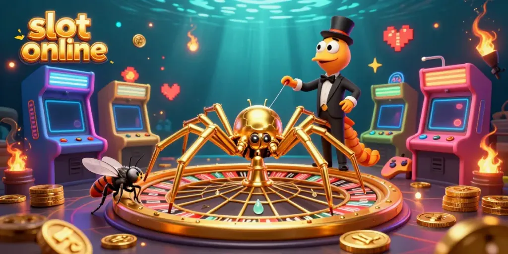 Bet big in a vibrant slot online casino scene with a golden spider and centipede dealer.