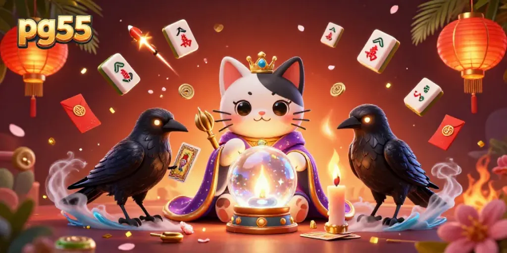 Engage with pg55's vibrant casino experience through a mystical fortune teller scene.