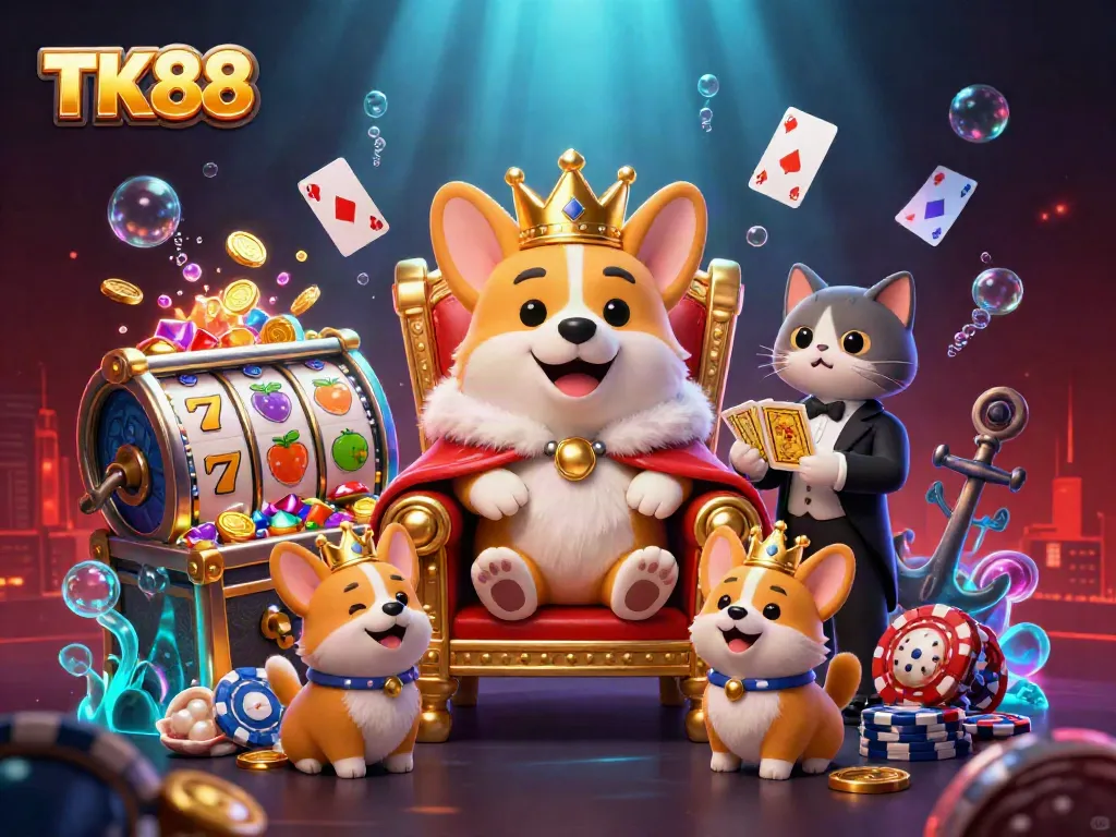 Embark on exciting gaming adventures with TK88, featuring a royal corgi in a casino-themed setting.