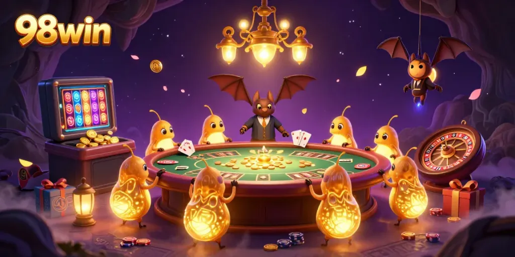 Experience the electrifying vibe of the 98win cave casino with glowing characters enhancing the thrilling atmosphere.