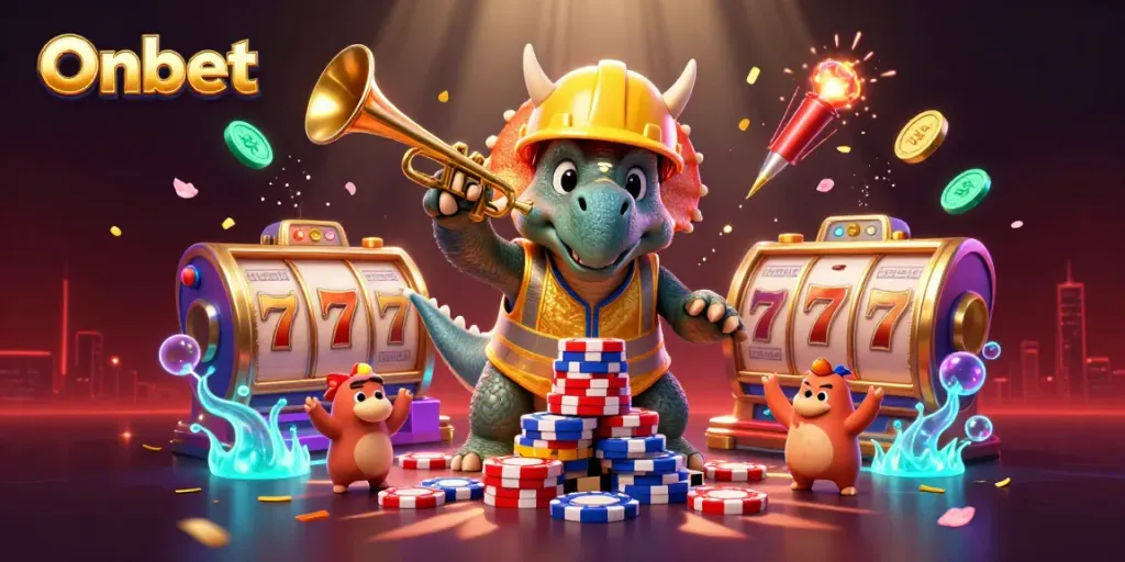 Engage in thrilling casino action with Onbet as cartoon characters build poker chip pyramids!