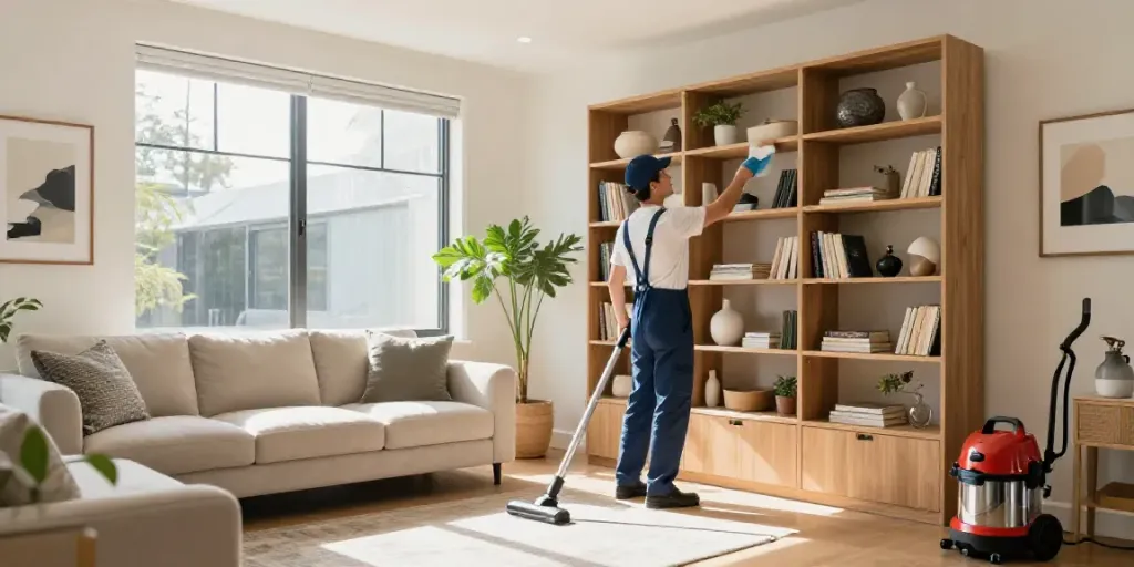 Professional cleaner showcasing house cleaning in Melbourne with a bright living room.