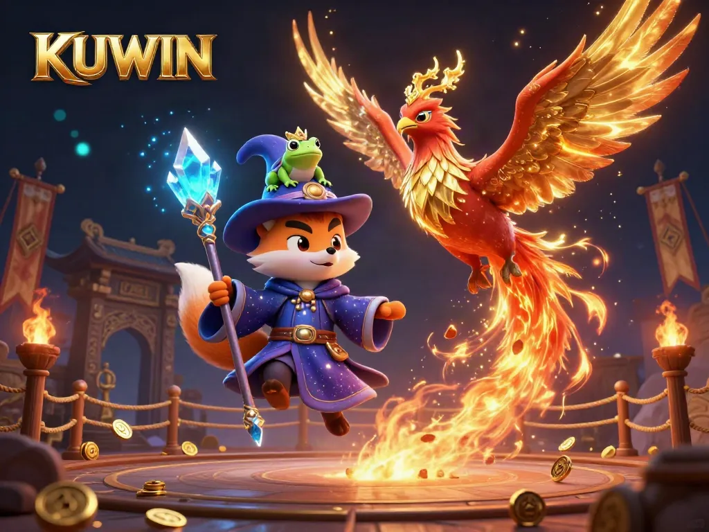 Engage with KUWIN for an exciting online gambling experience featuring a wizard fox, phoenix, and immersive casino elements.