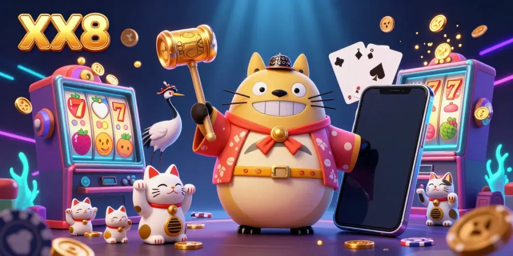 Engage with the vibrant world of XX8 as a cheerful tanuki, crane, and fortune cats celebrate gambling victories.