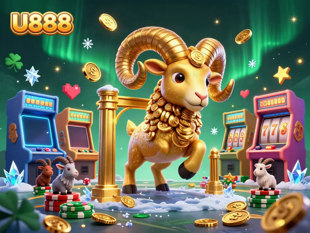 Experience U888's gambling excitement with a golden ram charging through a lively casino scene.