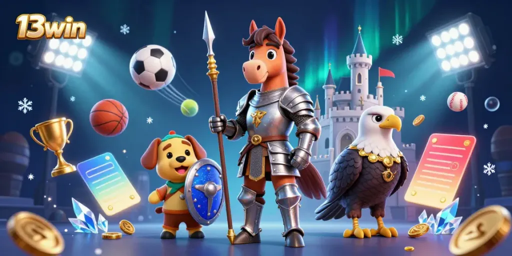 Experience the excitement of 13win with knights and sports elements in this dynamic scene.