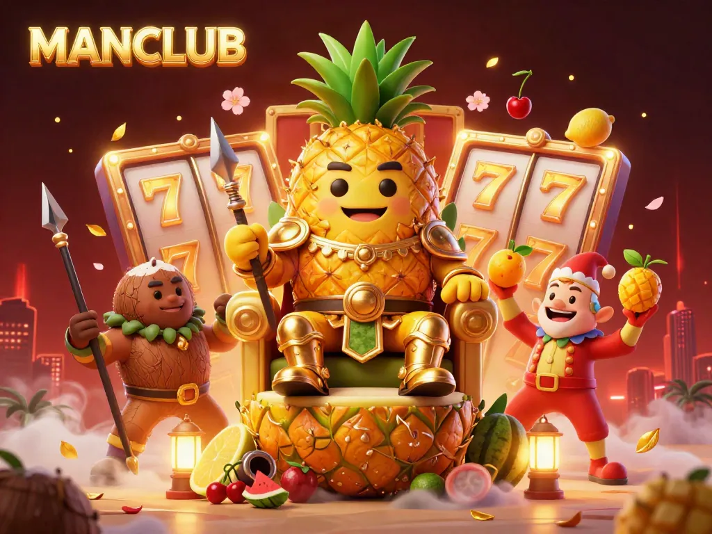 Engaging MANCLUB scene with a golden pineapple king and dynamic casino elements for a vibrant experience.