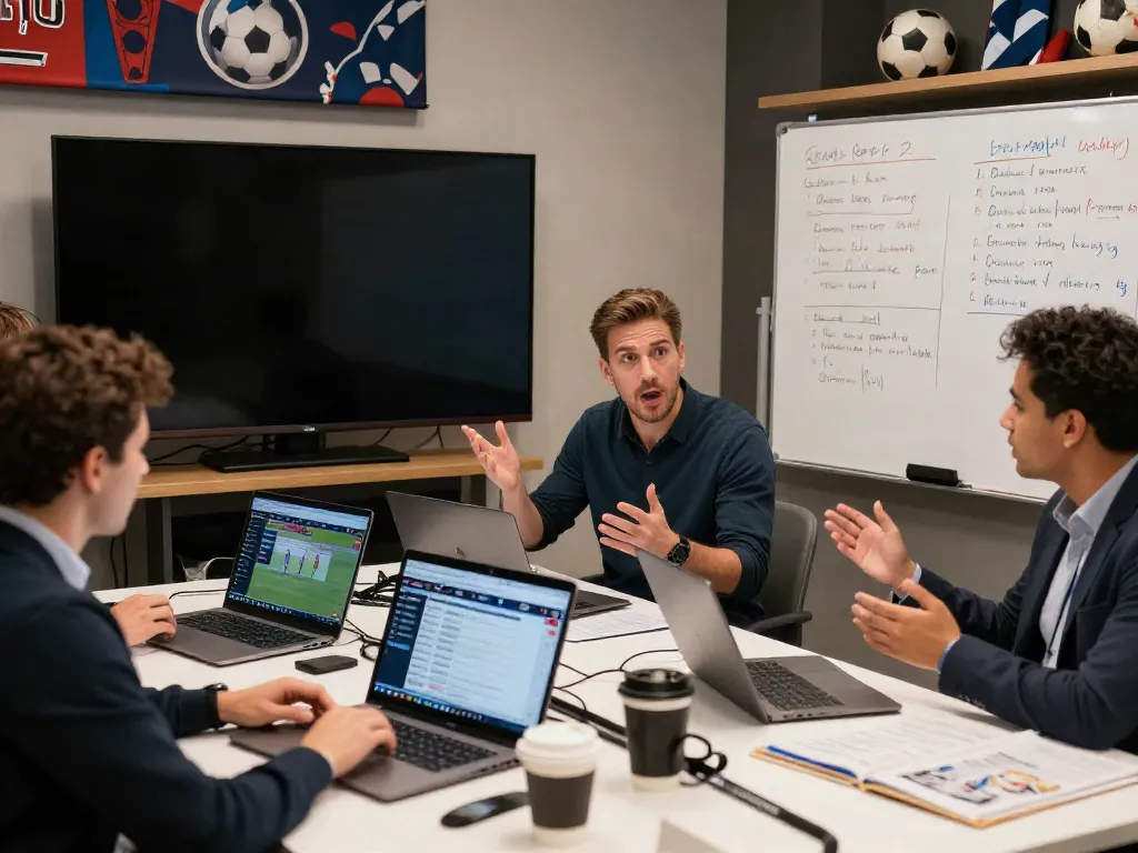 ข่าวซื้อขายนักเตะ in a lively newsroom with journalists discussing football transfers, vibrant modern workspace.