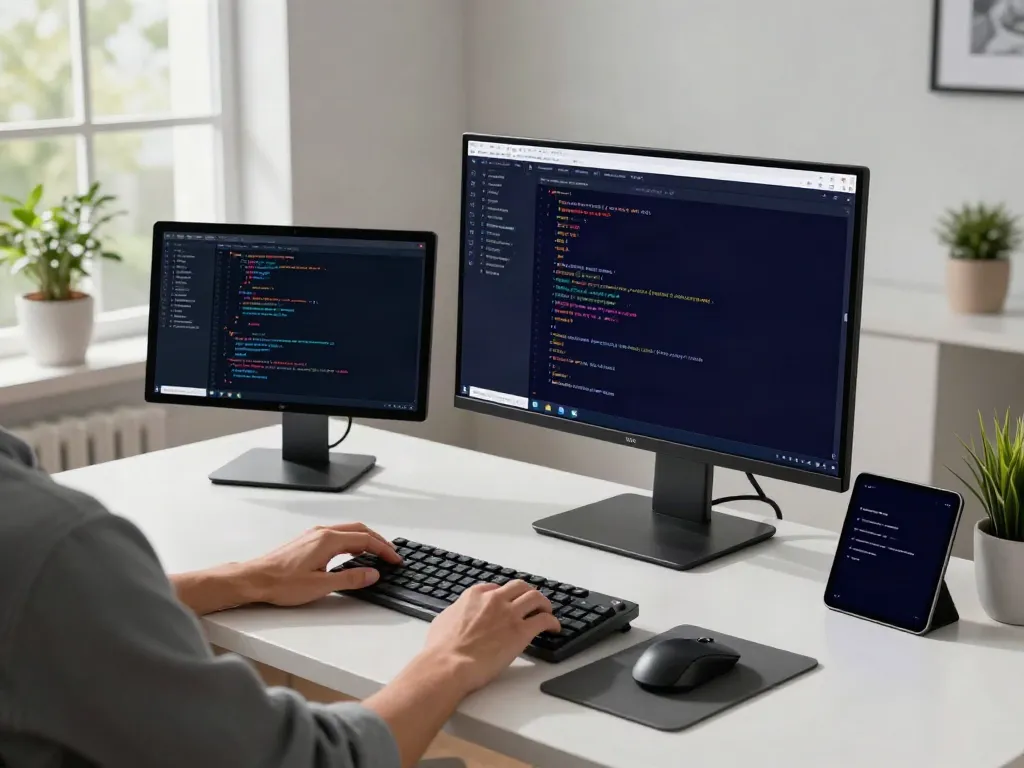 v2rayN官网 software development workspace with dual monitors displaying code and app design, modern aesthetic