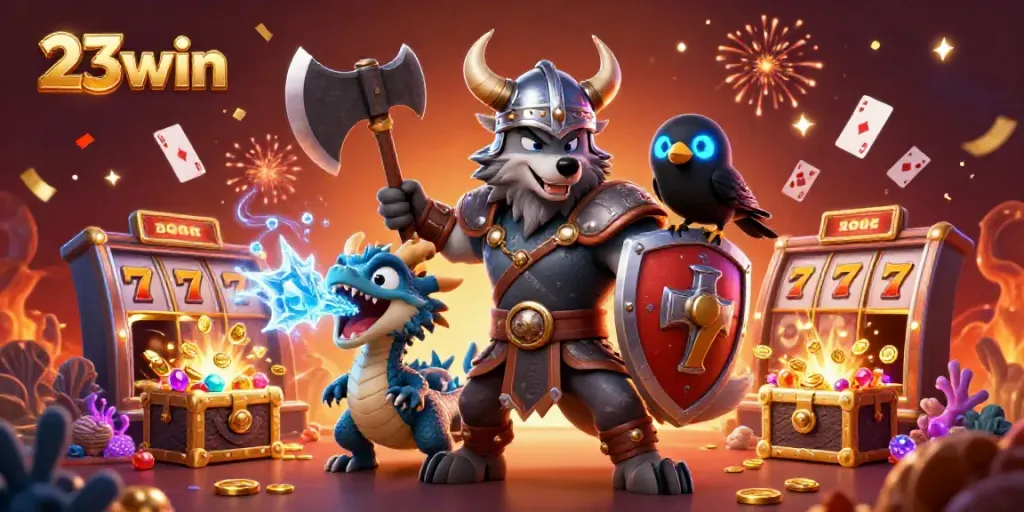 Experience the vibrant thrill of 23win with heroic characters in a dynamic casino-themed scene.