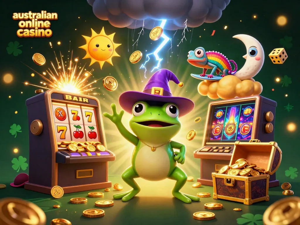 Enjoy thrilling moments at an australian online casino with a wizard frog and chameleon creating a jackpot.