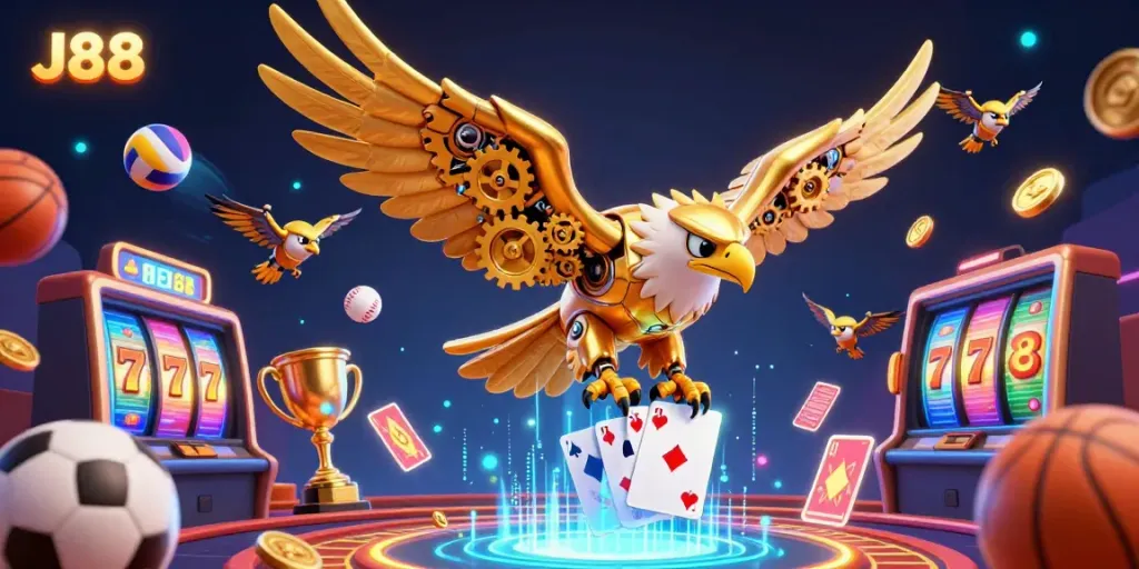 Experience the thrill of J88 casino adventures with a dynamic eagle and sports-themed elements.