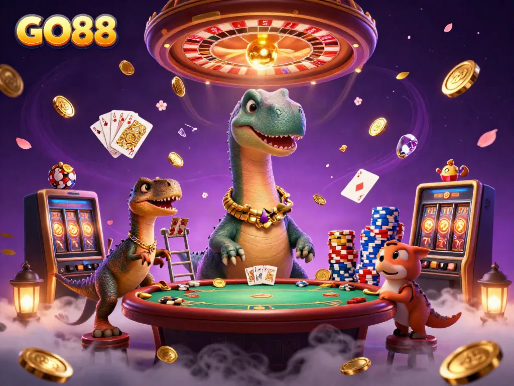 Engage with GO88's thrilling casino scene, featuring a giant brontosaurus and vibrant gaming elements.