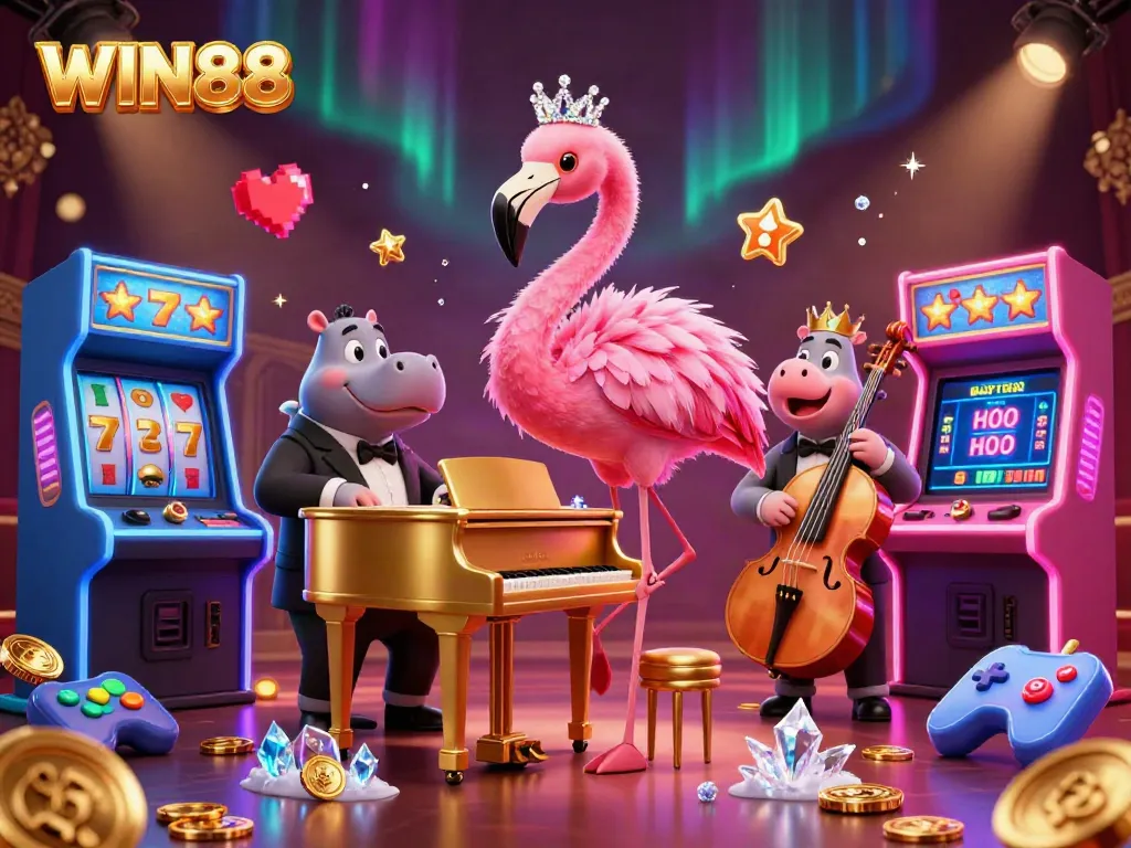 Win88 casino scene showcasing vibrant 3D characters performing amidst slot machines and lights