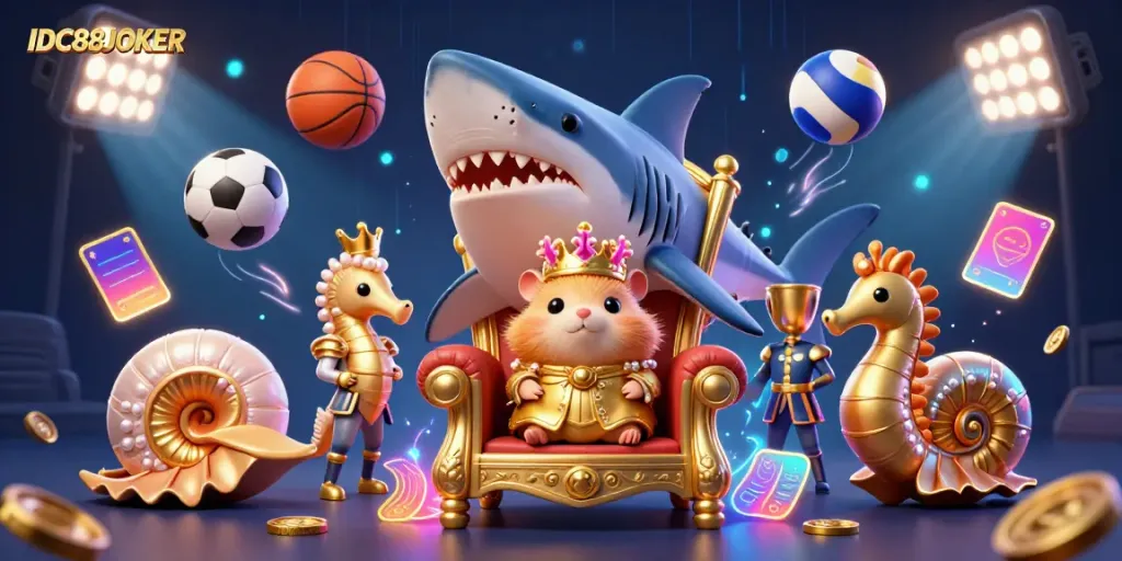 Experience high-energy gameplay with IDC88JOKER's vibrant 3D illustration featuring a golden hamster king and dynamic sports elements.