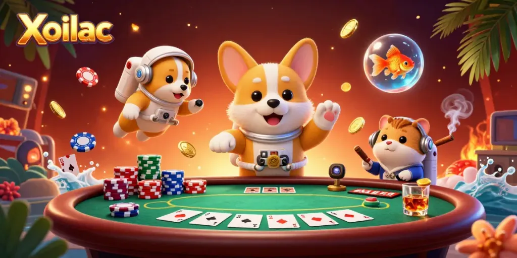 Xoilac delivers a vibrant online casino experience with an astronaut corgi, hamster, and goldfish in a dynamic casino scene.