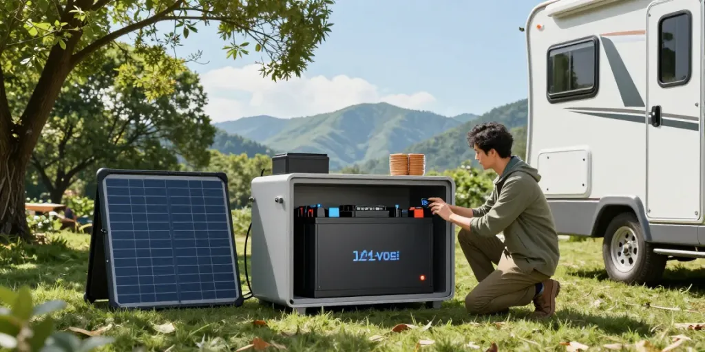 Person checking a 12-volt battery system in a modern RV setup amidst nature.