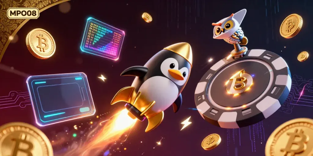 Engage with the MPO08-themed galactic gambling adventure featuring a golden penguin and crypto coins.