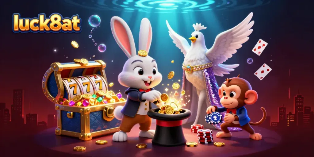 Luck8at magician rabbit conjuring coins, surrounded by dazzling casino elements, 3D art.