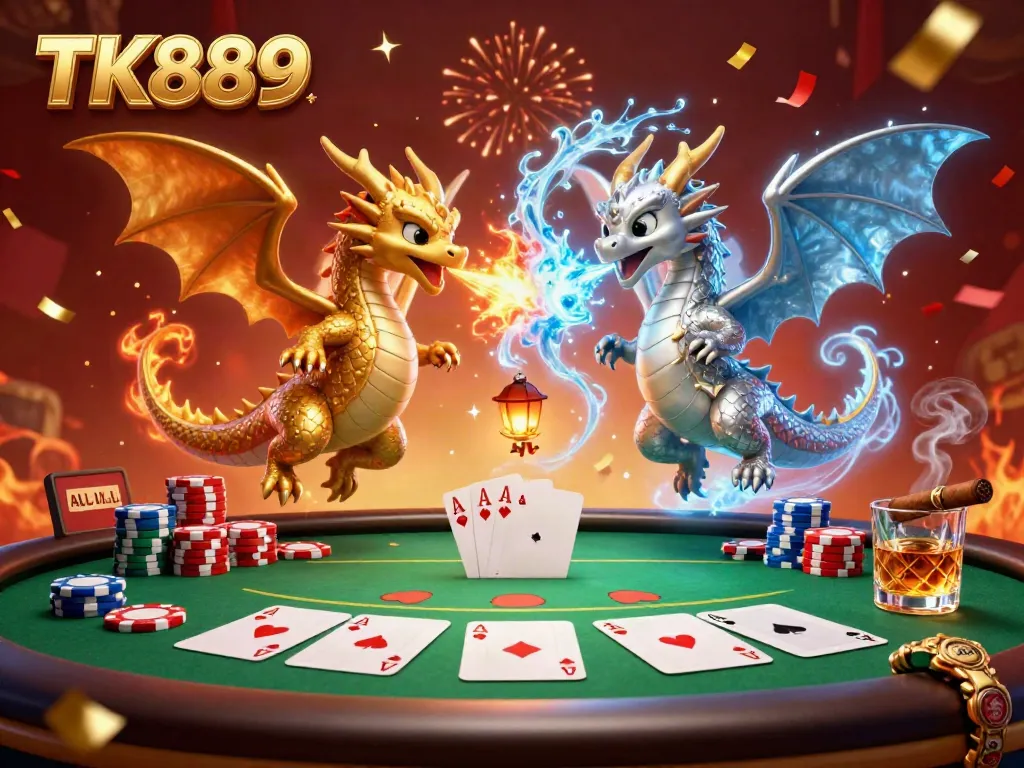 Engage in thrilling games at TK889 with fire and ice dragons amidst poker action and vibrant celebrations.