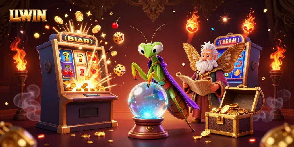 Witness LLWIN's enchanting casino scene featuring a praying mantis fortune teller and a wise moth librarian amid jackpot excitement.