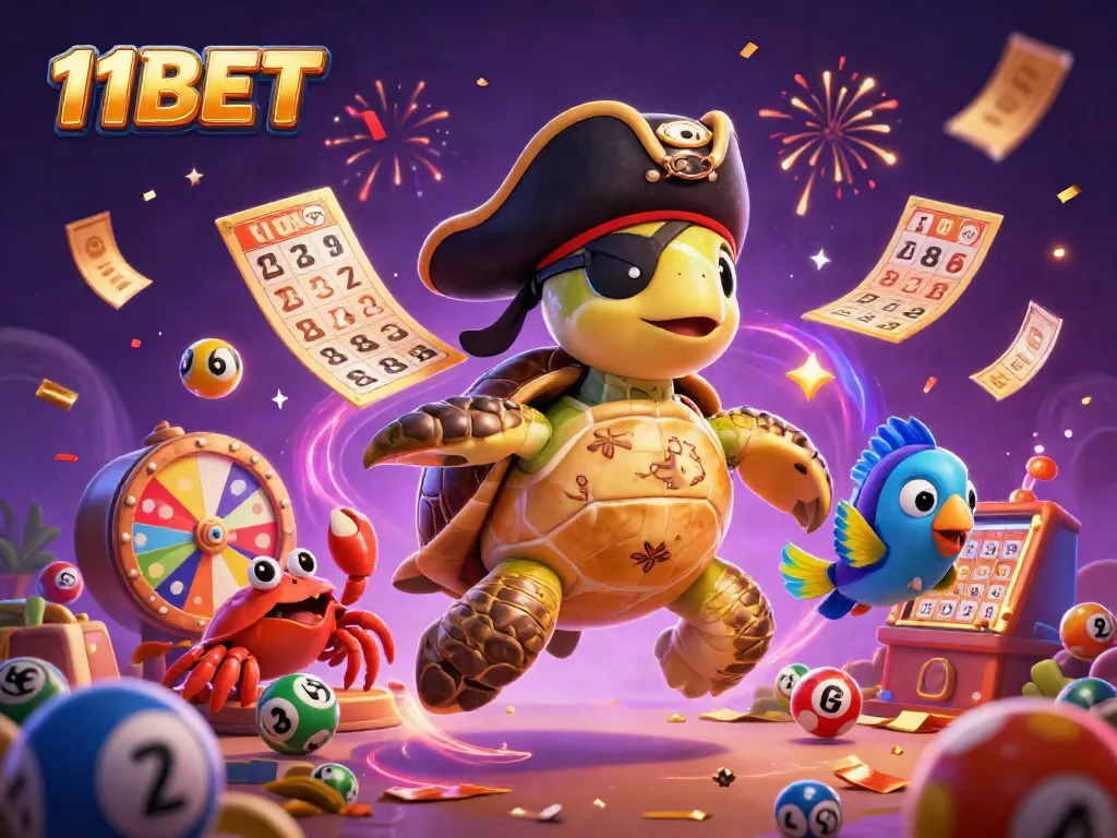 Engage with thrilling gameplay often found on 11BET, featuring vibrant lottery elements and celebratory characters.