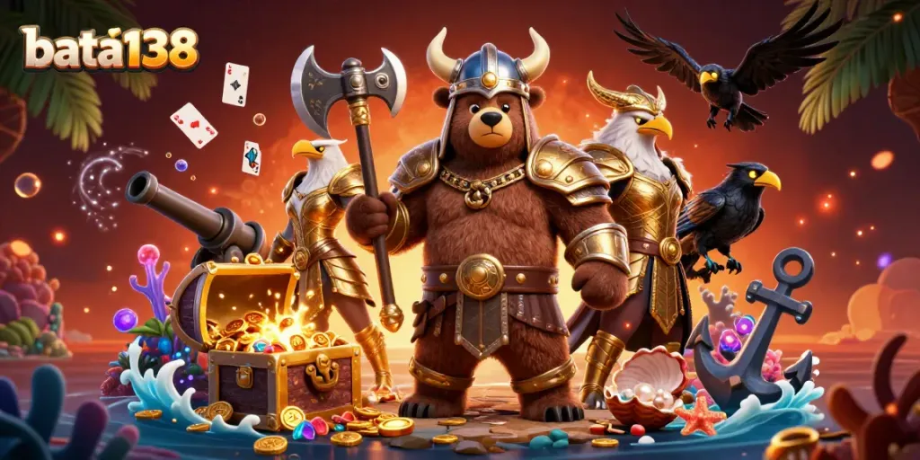Engage with bata138's vibrant gaming experience featuring a Viking berserker and a Valkyrie eagle amidst treasure.