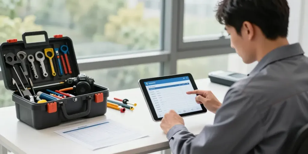 Plumbing business software in action, showcasing a technician scheduling jobs and managing estimates.