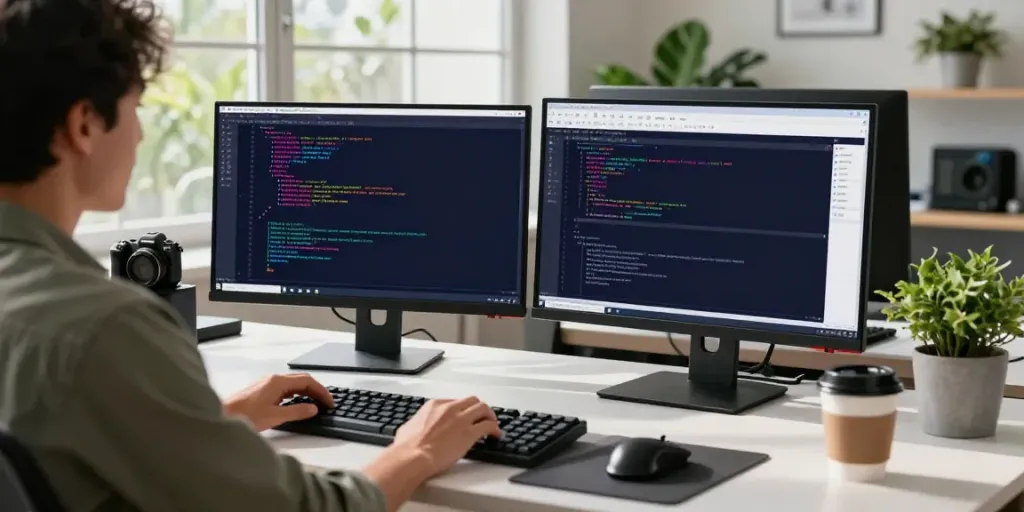 Developer using Notepad++ in a bright, modern workspace