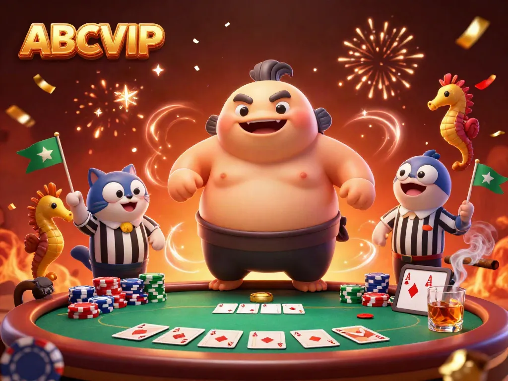Experience the excitement of ABCVIP as a fugu blowfish competes in underwater poker with colorful chips and lively spectators.