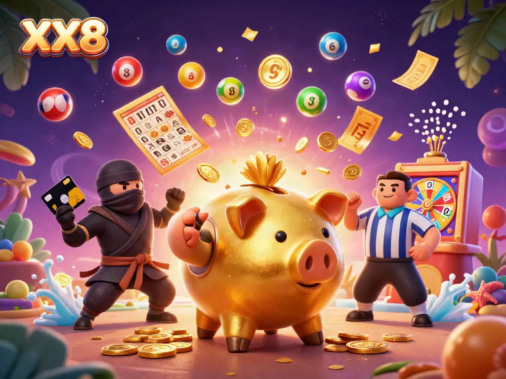 Experience the dynamic energy of XX8 with a lively casino scene featuring golden piggy banks and vibrant game elements.
