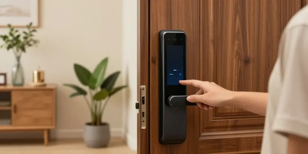 Engaging modern entryway showcasing خرید قفل هوشمند on a stylish door with a user accessing it via smartphone.