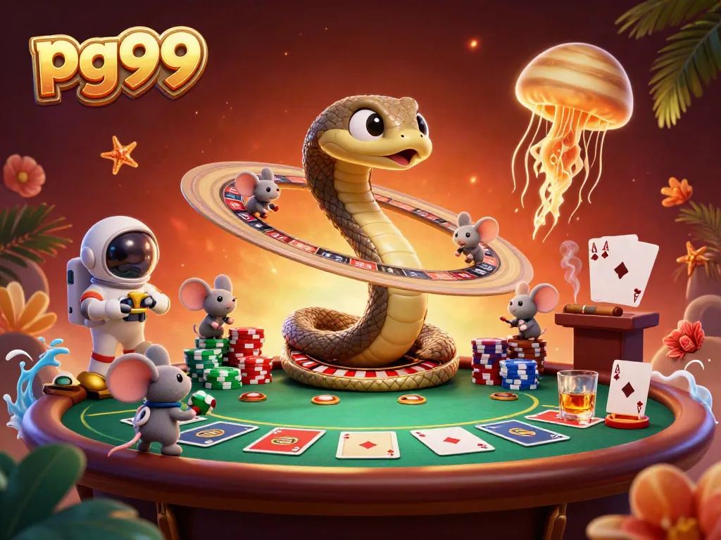 Engaging scene of cosmic gambling featuring pg99's unique roulette wheel, vibrant colors, and lively characters.