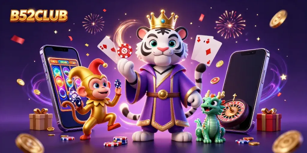 B52CLUB showcases an elegant white tiger, a playful monkey juggling poker chips, and a jade dragon amidst a vibrant casino scene.