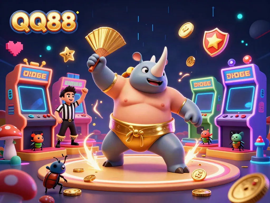 Experience exhilarating gameplay with QQ88 as a rhinoceros beetle champion commands a vibrant digital casino scene.