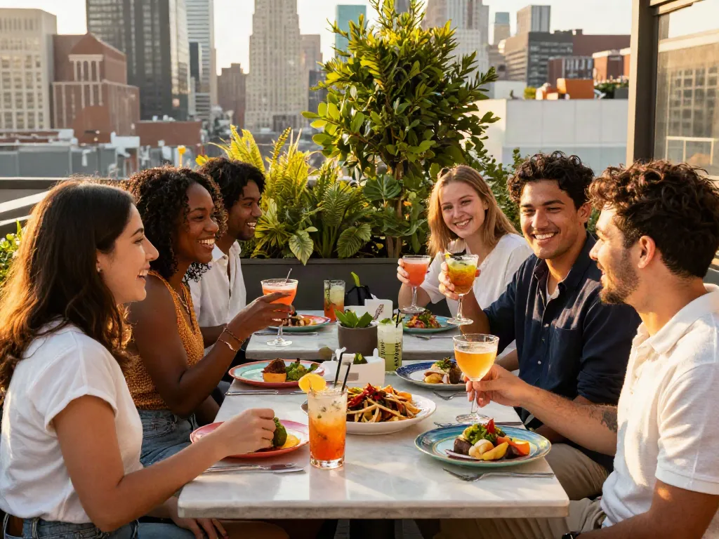 Guests savoring lively dining experiences at NoHu rooftop with stunning NYC views.