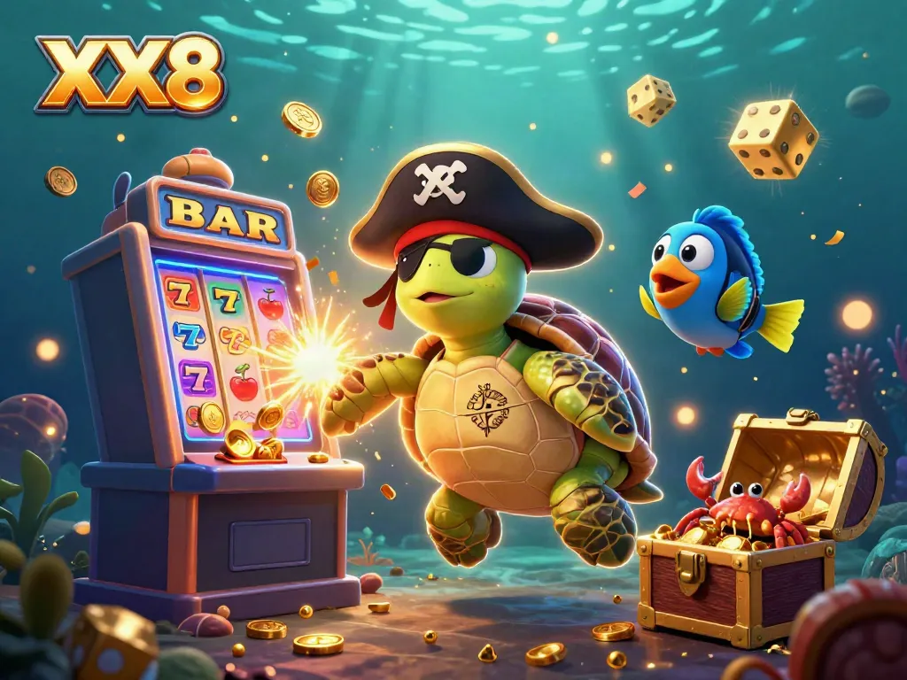 Engage with XX8's vibrant casino action featuring a pirate turtle and treasure in a lively underwater scene.
