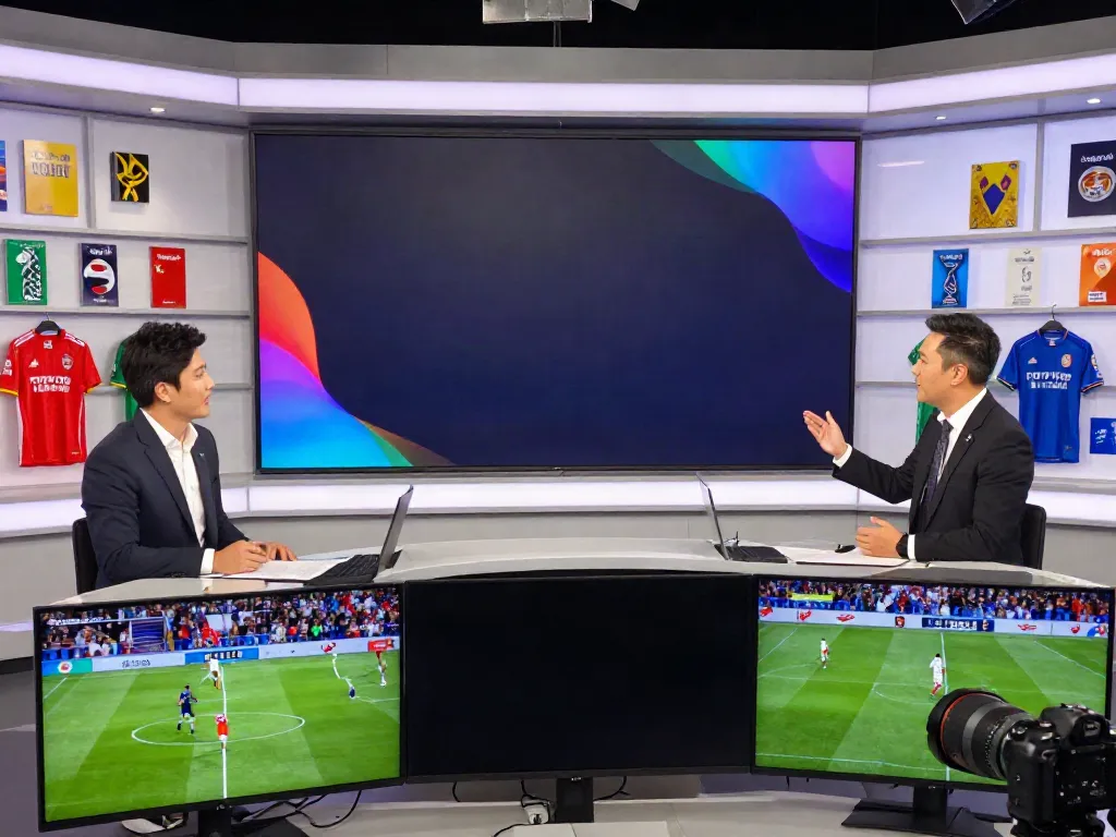 Dynamic sports studio discussing TOP10FOOTBALL player rankings and match highlights.
