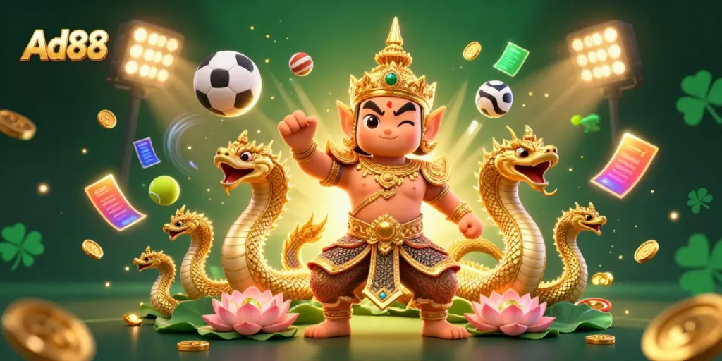 Experience the thrill of Ad88 gaming with dynamic characters and elements in a vibrant casino scene.