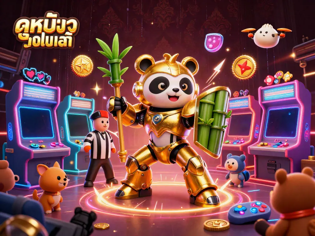 Engage with ดูหนังออนไลน์ฟรี in an electrifying 3D arena featuring a golden panda and gaming elements.