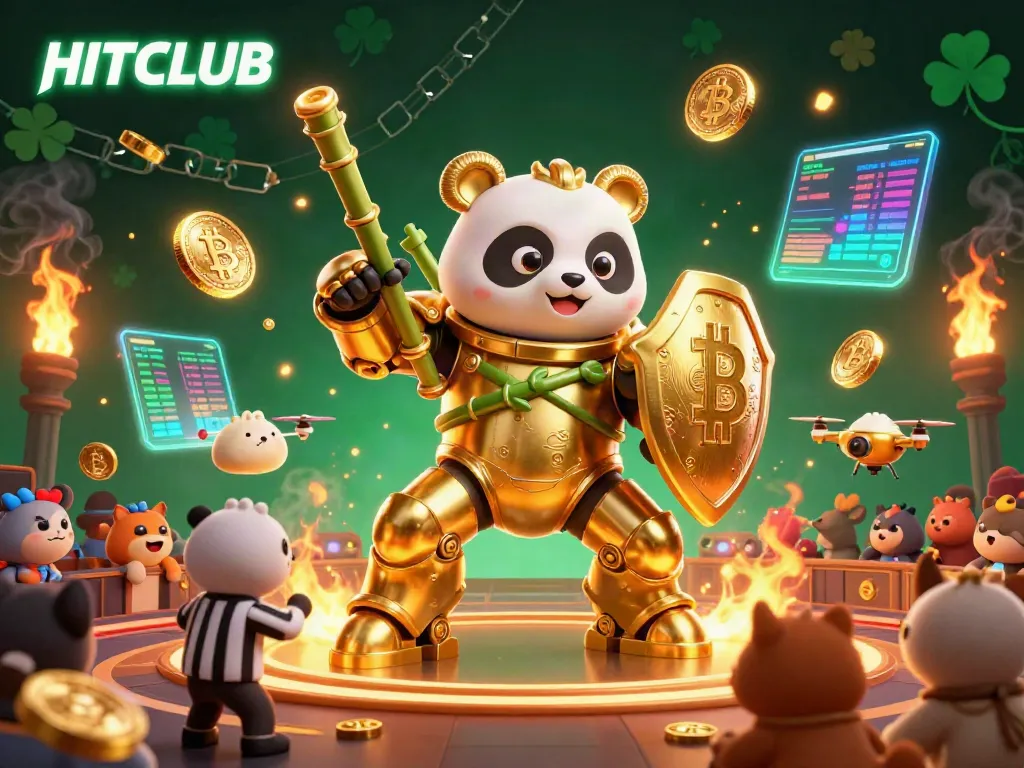 Experience the thrill of HITCLUB with a dynamic illustration of a mech-suit panda in a casino arena.