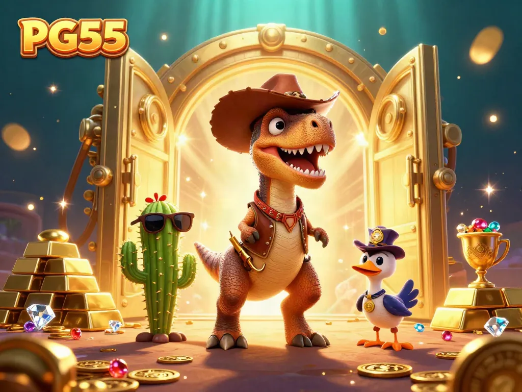 Engage with PG55 in a vibrant casino adventure featuring dynamic treasure elements and captivating characters.