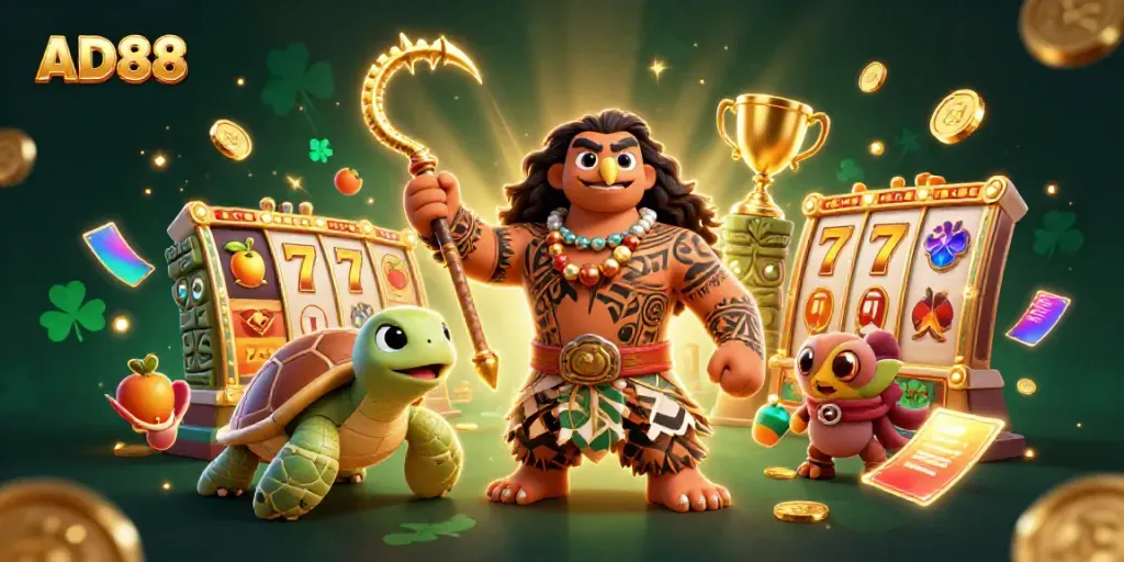 Engage with AD88's thrilling slots through this dynamic 3D illustration showcasing winning symbols and vibrant characters.