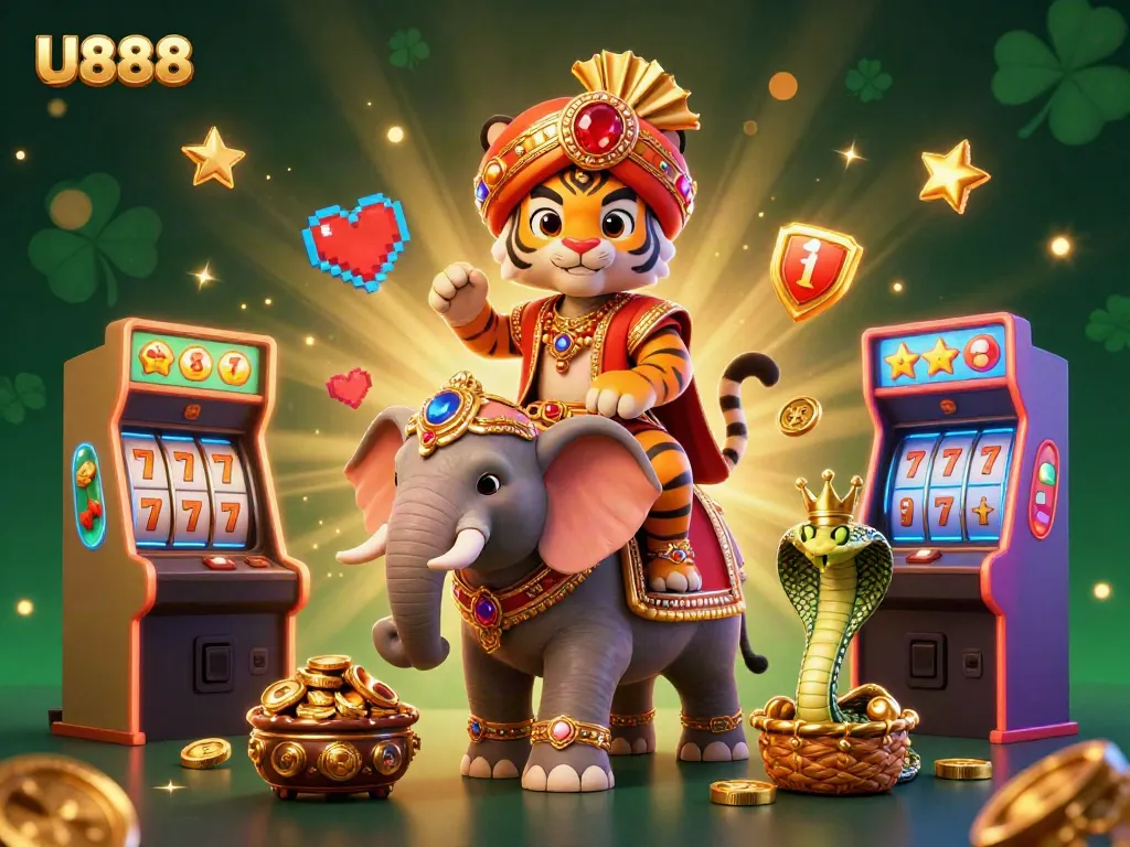 Experience the thrilling excitement of U888 with the vibrant cartoon-style illustration showcasing online gambling adventures and games.