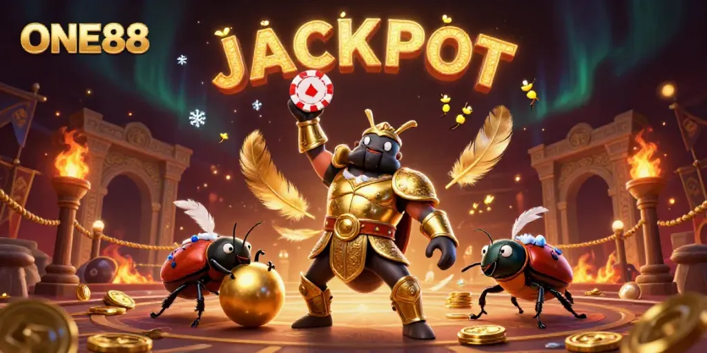 ONE88's victory scene with a cartoon beetle champion and a jackpot celebration
